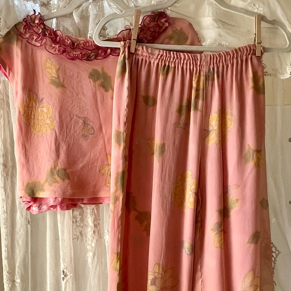 Peach Pink Chiffon Vtg Pajamas with Ruffles and Metallic Silver Embroidery.